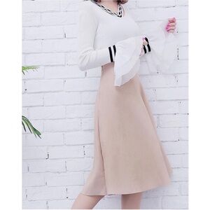 Beige Faux Suede High Waist Midi Skirt